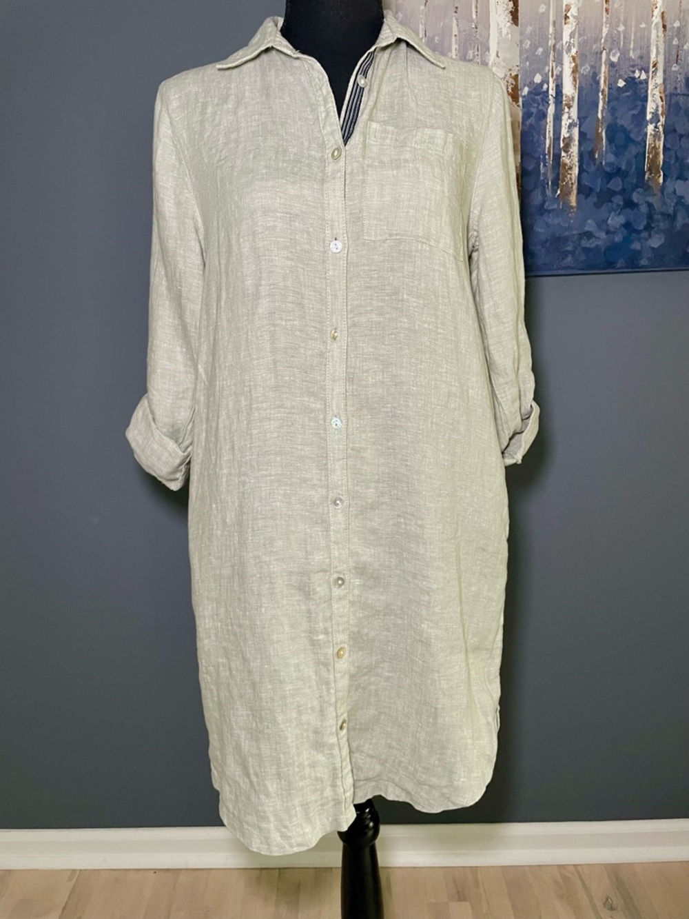 C&C California Linen Light Sage Roll Sleeve Shirt Dress Pockets | Size XS